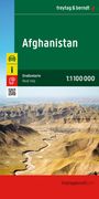 "Afghanistan, Straßenkarte 1:1 100 000. Gelbe und grüne Icons; unten eine Landschaft mit Hügeln und einem Fluss."