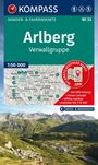 Text: "Arlberg Verwallgruppe", "Wander- & Fahrradkarte", "1:50 000". Logo oben, Landschaft unten mit Bergen und Tal.