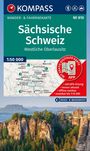 Titel: Sächsische Schweiz. Karte der Region. KOMPASS-Logo oben, Landschaftsfoto mit Felsen unten.
