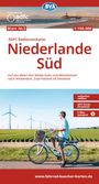 ADFC-Radtourenkarte Niederlande Süd, wetterfest, reißfest, GPS-Tracks Download, E-Bike-geeignet. Mann mit Fahrrad vor Windrädern.