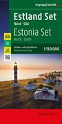 "Estland Set Nord-Süd, Straßen- und Freizeitkarte 1:150 000" steht auf grünem Hintergrund, darunter ein Leuchtturm.
