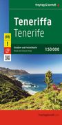 "Teneriffa Tenerife" und "Straßen- und Freizeitkarte 1:50 000". Küstenlandschaft mit Bergen, Meer und Palmen.