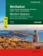 "Westbalkan", "Serbien", "Bosnien und Herzegowina", "Montenegro", "Albanien", "Kosovo", "Nordmazedonien", "1:150 000". Ein Leuchtturm vor Küstenlandschaft.