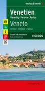 „Venetien: Venedig, Verona, Padua“ und „1:150.000“ stehen über einem Fluss und einer alten Brücke in hügeliger Landschaft.