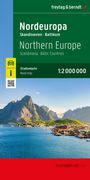 "Nordeuropa Skandinavien Baltikum Straßenkarte 1:2 000 000." Eine Küstenlandschaft mit Bergen und einem Dorf.