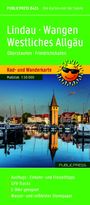 Kartentext: Lindau, Wangen, Westliches Allgäu. Rad- und Wanderkarte, Maßstab 1:50 000. Illustration von Hafen und Turm.