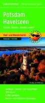 Potsdam Havelseen Rad- und Wanderkarte, Maßstab 1:50 000. Bild: Turm vor Herbstbäumen, Wasser im Hintergrund.