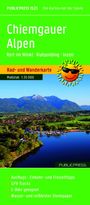 Chiemgauer Alpen Karte, Maßstab 1:35 000. Sonniges Logo, Berglandschaft, Seen, grüne Wiesen und Wälder.