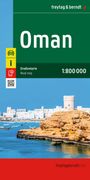 "Oman, Straßenkarte 1:800 000" oben, Foto von Küstenlandschaft mit Felsen und Booten. Oben links Logo "freytag & berndt".