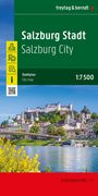 "Salzburg Stadt, Salzburg City, Stadtplan, City map, 1:7 500" auf grünem Hintergrund. © ignoriert. Panoramablick mit Festung.