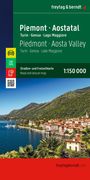 „Piemonte · Aostatal, Turin · Genua · Lago Maggiore, 1:150 000, Straßen- und Freizeitkarte.“ Küstenstadt am See.