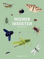 "Wiener Insekten, 15 Postkarten" auf grünem Hintergrund mit Illustrationen verschiedener Insekten, darunter Motten und Käfer.
