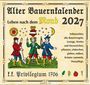 "Alter Bauernkalender 2027. Leben nach dem Mond. Anbauzeiten, alte Bauernregeln, Wetter, Sternzeichen. Illustration von drei Bauern."