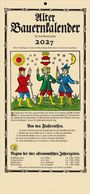 "Alter Bauernkalender 2027" steht oben. Illustration zeigt drei mittelalterlich gekleidete Figuren unter Sonne und Mond.