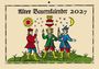 "Alter Bauerkalender 2027". Drei Personen in farbiger Kleidung auf grünem Untergrund, Sonne und Mond sichtbar.