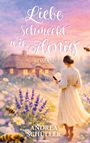 „Liebe schmeckt wie Honig. Roman. Andrea Schüller. novum.“ Eine Frau liest im Garten, Bienen und Blumen umgeben sie.