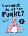„Verstehst du meinen Punkt? Entstehung & Kindheit Band 1.“ Illustration eines pinken Charakters in Windel auf blauem Hintergrund.