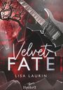 "Velvet Fate" und "Lisa Laurin" stehen zentral. Eine E-Gitarre und ein karger Baum auf rotem Hintergrund mit Noten.