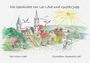 "Die Geschichte von Leo Löwe und Gustav Jupp". Farbenfrohe Illustration einer Stadt mit Sonne und Störchen.