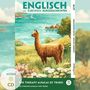 "Englisch mit lustigen Kurzgeschichten, A2-B1. The Therapy Alpacas of Truro. Illustration mit Alpaka vor Meereslandschaft."