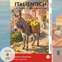 "Italienisch mit lustigen Kurzgeschichten" A1-A2, Cover mit Illustration eines Esels vor mediterranen Häusern und Zitronenkorb.