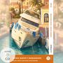 Aufschrift: "BIKINIS, BARCOS Y BARBARIDADES". Illustration von einer Yacht am Kai, mit blauer Kleidung über dem Geländer.