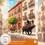 Los Jabalíes de Madrid. Die Wildschweine von Madrid. Illustration: Wildschweine rennen durch eine europäische Straße.
