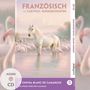 „Französisch mit lustigen Kurzgeschichten“ steht oben. Ein weißes Pferd steht in einem Wasser, umgeben von Flamingos.