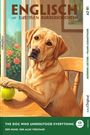 Text: "ENGLISCH mit lustigen Kurzgeschichten." Illustration: Ein Hund sitzt an einem Tisch, eine Pfote auf einem Tennisball.