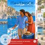 „Italienisch mit lustigen Kurzgeschichten“. Paar auf einem Boot vor felsiger Küste, Sommerstimmung.