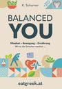 "BALANCED YOU" in großen Buchstaben. Oben links Gemüse in einer Schüssel, unten Symbole für Gesundheit und Ernährung.
