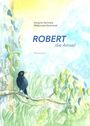 "Robert die Amsel" steht in großer blauer Schrift. Darunter sitzt eine schwarze Amsel auf einem Ast, umgeben von grünen Blättern.