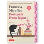 Buchtitel: "Postcards from Japan" von Francesc Miralles. Ein schwarzer Katzenschatten neben Büchern und Kirschblüten.