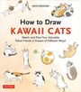 "How to Draw Kawaii Cats" und kleine Illustrationen niedlicher Katzen in verschiedenen Posen, eine spielt mit einem Ball.