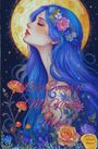 "Love Songs of My Night Moon." Illustration einer Frau mit blauem Haar, florale Motive, großer Mond im Hintergrund.