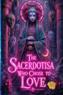 „The Sacerdotisa Who Chose to Love“, strahlende Göttin mit leuchtenden Blumen, umgeben von Masken in mystischer, sakraler Szenerie.