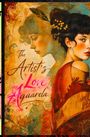 "The Artist's Love Aquarela" in zarten Schriftarten. Illustration einer Frau mit Blumen im Haar, Retro-Stil.