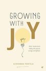 "GROWING WITH JOY" in großer Schrift, darunter ein gezeichneter Glühbirnenfaden in einem Kreis. Autor: Giovanna Portela.