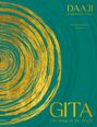 „DAAJI Kamlesh D. Patel“ und „GITA The Song of the Heart“ mit goldenen Spiralen auf türkisfarbenem Hintergrund.