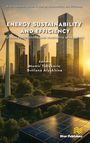 "Energy Sustainability and Efficiency", Windrad, Solarmodule, Wolkenkratzer, gelbes Licht, zeitgenössische urbanisierte Landschaft.