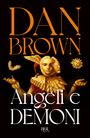 "Dan Brown" und "Angeli e Demoni" in großer Schrift, darunter ein kunstvolles, maskiertes Wesen mit Flügeln und einem Sonnenmotiv.