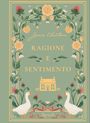 "Jane Austen, RAGIONE E SENTIMENTO, Rizzoli." Illustration mit Blumen, einem Haus und zwei Gänsen.