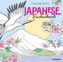 Text: "Coloring Book JAPANESE Enchantments." Eine Illustration: Kranich vor Mt. Fuji, Blumen, Schmetterlinge und Sonne.