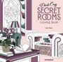Text: "Dark Cozy SECRET ROOMS Coloring Book. Sara Muzio." Eine stilisierte Innenraumszene mit Möbeln und Pflanzen.