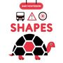 BABY MONTESSORI, SHAPES. Illustration einer Schildkröte, Auto, Schild und Rad.