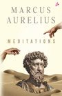 Text: "Marcus Aurelius Meditations". Illustration einer Büste von Marcus Aurelius, umgeben von Sanddünen und Händen.