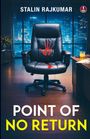 "STALIN RAJKUMAR" oben, "POINT OF NO RETURN" unten. Ein schwarzer Bürostuhl mit rotem Handabdruck in einem Büro.