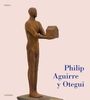 „Philip Aguirre y Otegui“ steht in blau. Rostfarbene Skulptur eines Menschen, der ein Haus in den Händen hält.