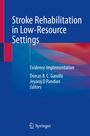 "Stroke Rehabilitation in Low-Resource Settings" in weiß auf blauem Hintergrund, mit einem abstrakten Design.