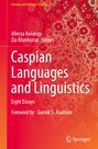 Titel: "Caspian Languages and Linguistics"; Autoren: Alireza Korangy, Zia Khoshsirat. Roter Hintergrund mit Teppichmuster.